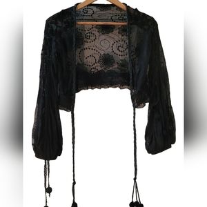 Arka Woman's Lace Puff Adjustable Long Sleeve Tie Front Cropped Cover Up Size S